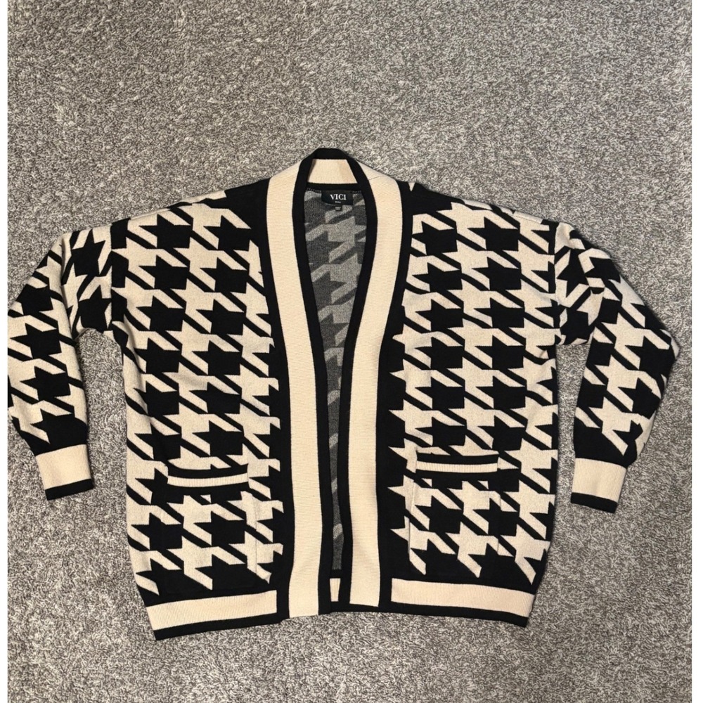 VICI Womens Small Houndstooth Open Front Cardigan Black Cream Oversized Pockets